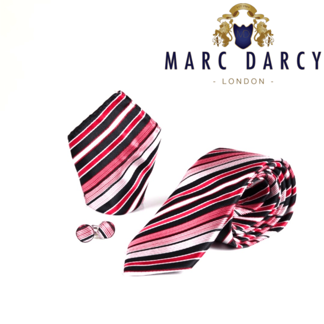 Red White and Black Square Logo - Red, White & Black Stripe Tie, Cufflink & Pocket Square Set