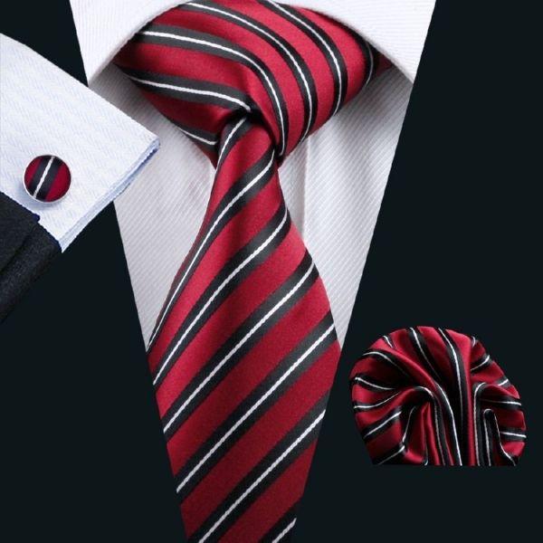 Red White and Black Square Logo - Red Silk Tie with Black and Thin White Stripes Matching Pocket ...