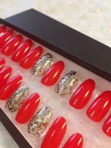 Glossy Red Oval Logo - 24Hand Painted Press On Nails Glossy Red Round Oval With Golden