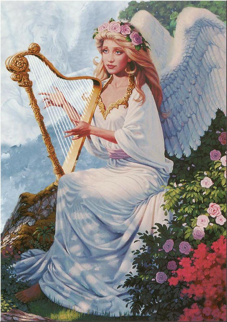 Angel with Harp Logo - Angel Paintings Playing Harp