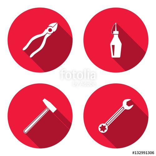Round Red Circle Logo - Glue, hammer, wrench key, pliers icon. Repair fix tool symbol. Round ...