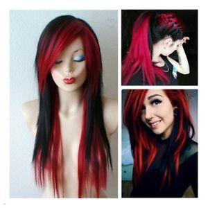 Long Hair with Red Woman Logo - Women Ultra Scene Wig Black Mixed Wine Red Blonde Rainbow Emo