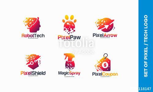 Orange O Paw Logo - set of Pixel Tech logo designs concept, Robotic Tech logo, Pixel Paw