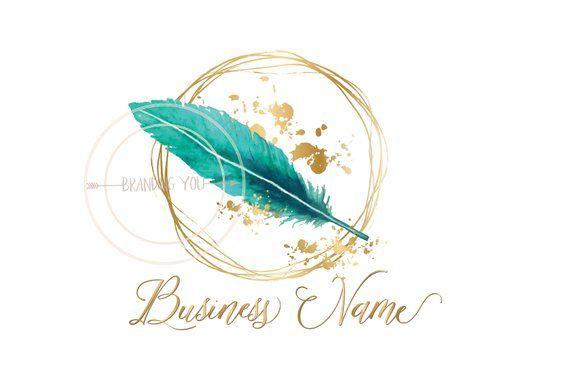 Turquoise and Gold Logo - Custom logo design turquoise gold feather logo photography | Etsy