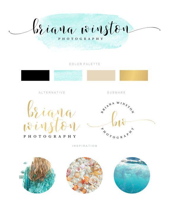 Turquoise and Gold Logo - Branding Kit, Branding Package, Premade Logo, Watercolor Logo, Gold ...