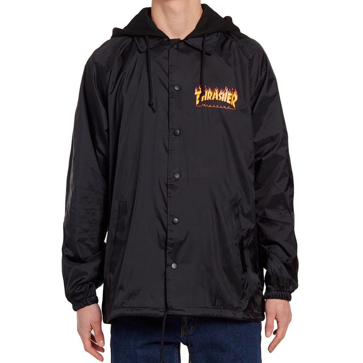 Black Flames Thrasher Logo - Thrasher Flame Logo Fleece Hood Coach Jacket - Black