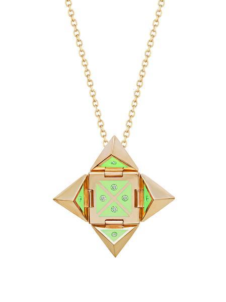 Green Shield with Yellow Triangle Logo - Yellow Gold Shield with Lime Green Enamel and Diamonds
