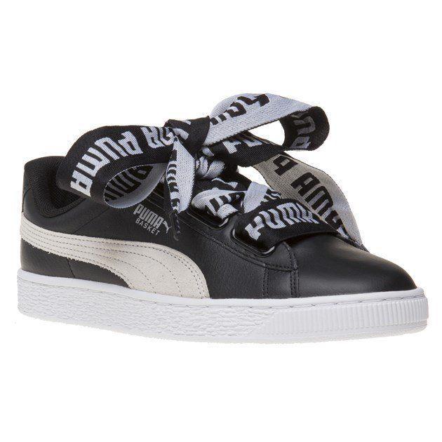 Puma Black and White Logo - PUMA Basket Heart De Wns Low Black White Leather Women Shoes