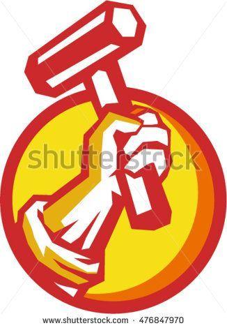 Circle Inside with Mountain Logo - Illustration of a union worker hand holding hammer set inside circle