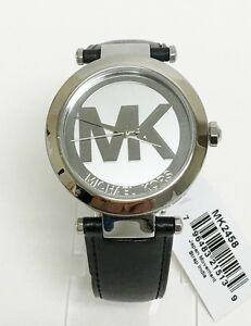 Michael Kors MK Logo - NEW MICHAEL KORS SILVER TONE, BLACK LEATHER BAND, MK LOGO DIAL WATCH