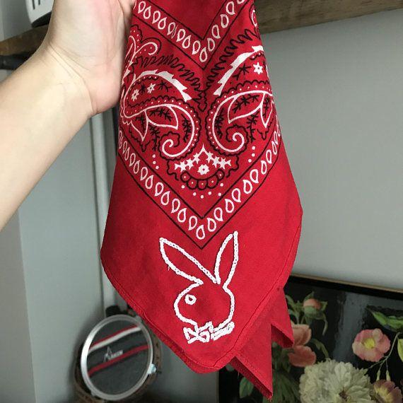 Red Bandana Logo - Vintage Red Bandana with Playboy Bunny Hand Embroidered Chain Stitch ...