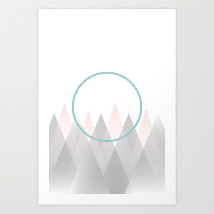 Pink White and Blue Mountains Logo - Minimal Abstract Graphic Mountains Circle Blue Pink Gray Art Print