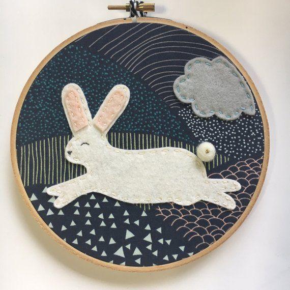 Pink White and Blue Mountains Logo - Embroidery hoop art Wall art white bunny pink ears grey