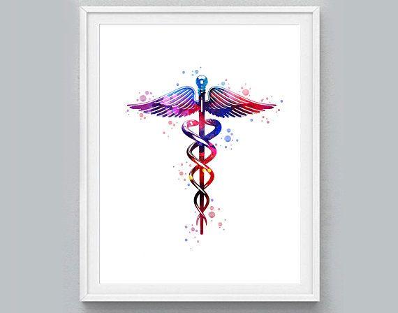 Doctors Office Cross Logo - Caduceus Medical Symbol Print Watercolor Symbol Doctor Office Decor ...