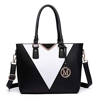 Black White V Logo - Miss Lulu Leather Look V Shape Multicolour Tote Handbag (Black/White ...