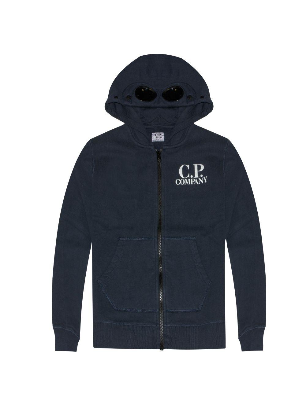 Grey and Navy Blue Logo - C.P. Company Undersixteen Navy Blue Logo Goggle Hoody | Designerwear