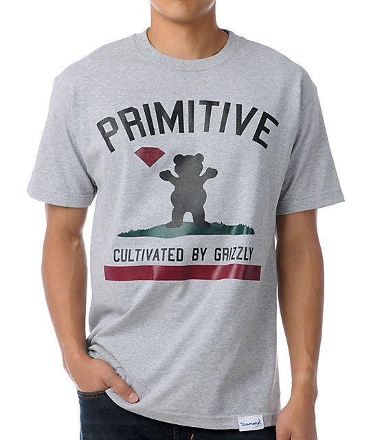 Primitive Grizzly Diamond Logo - Primitive X Grizzly X Diamond Cultivated Grey T Shirt