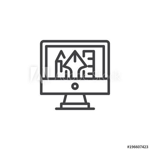 Simple Computer Logo - Tools for drawing on computer monitor screen outline icon. linear ...