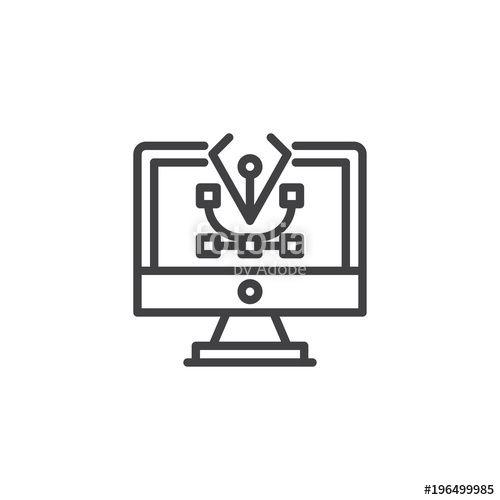Simple Computer Logo - Computer pen tool on pc monitor screen outline icon. linear style ...