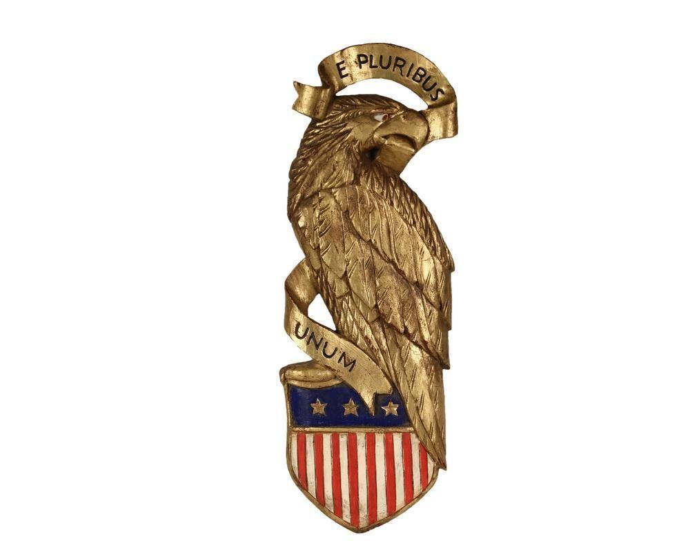 Eagle Standing On Shield Logo - CARVED EAGLE PLAQUE - Painted and Gilt Wood, early to mid 20th c ...