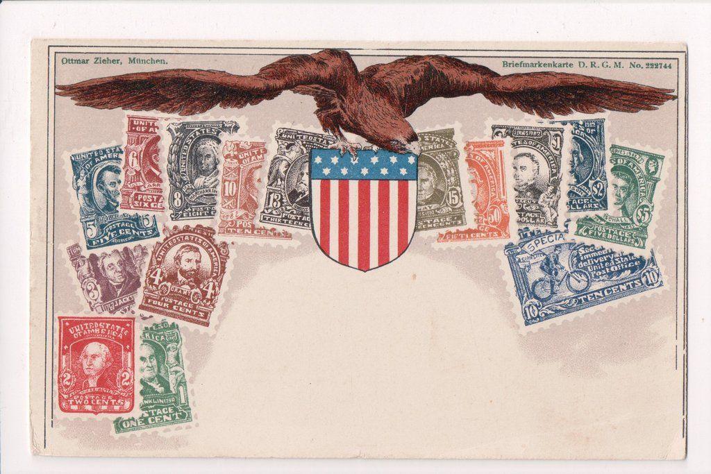 Eagle Standing On Shield Logo - Vintage Patriotic Postcard - Eagle, US flag shield, old US Stamp ...
