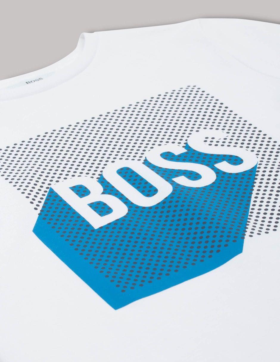 White and Green Block Logo - Boss Junior White Block Logo T Shirt | Stone Menswear