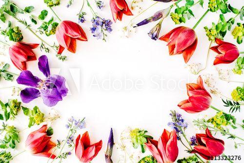 Red Purple Yellow Flower Logo - floral frame with red tulips, yellow flowers, purple iris, branches ...