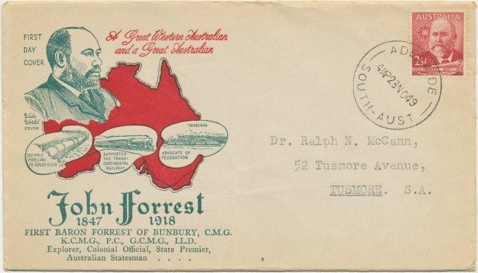 Wide Red P Logo - 11 1949 Australian FDC Wide World, 2½d John Forrest Green