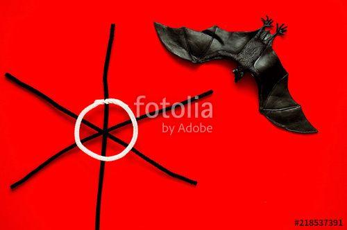 Bat with Red Background Logo - Symbol of HALLOWEEN is bat and black spiderweb on red background ...