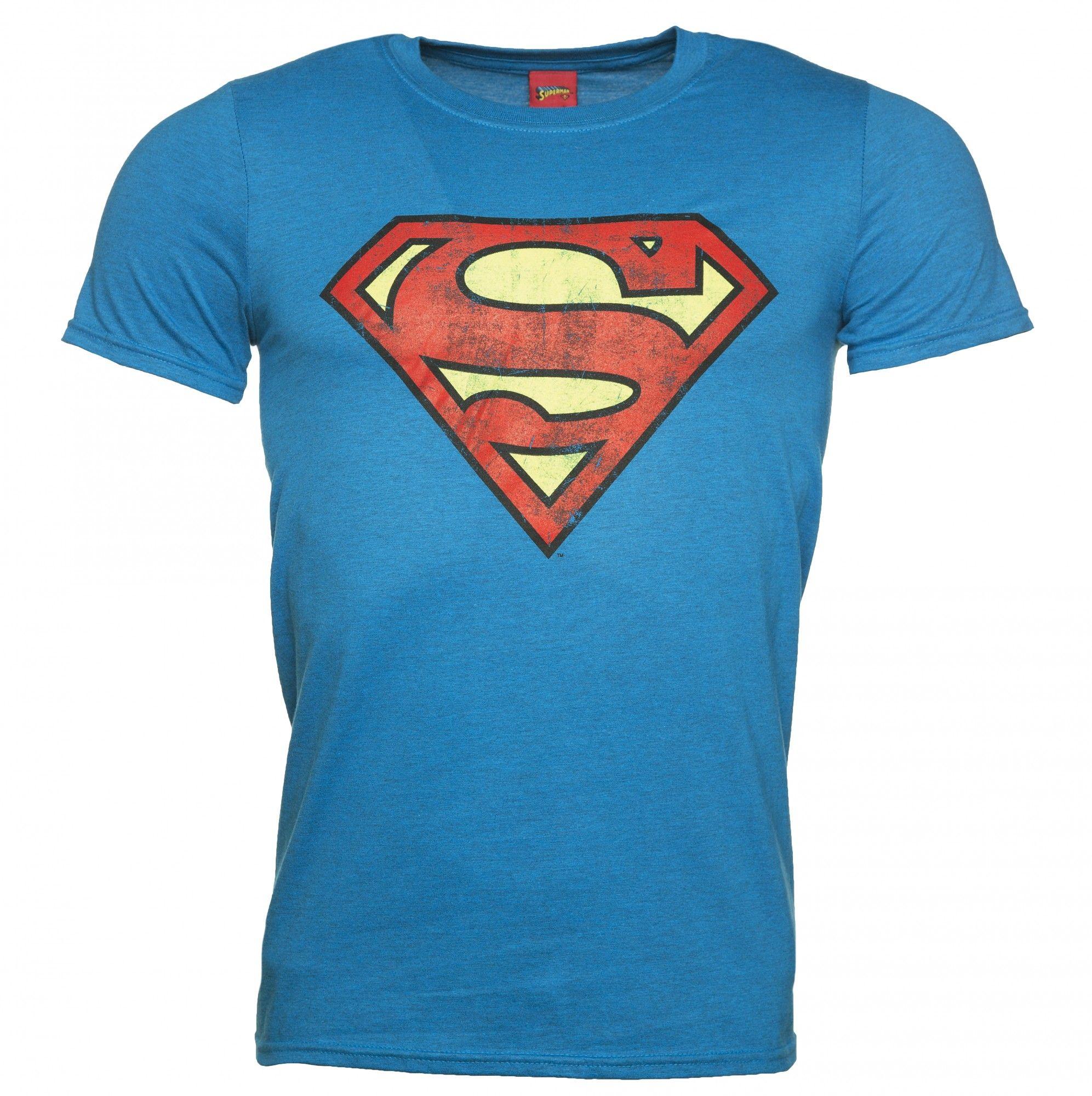 Turquoise Superman Logo - Men's Bright Blue Distressed Superman Logo T-Shirt
