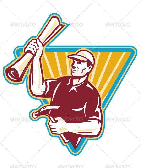 Hammer Triangle Logo - Carpenter Holding A Building Plan And Hammer. Fonts Logos Icons