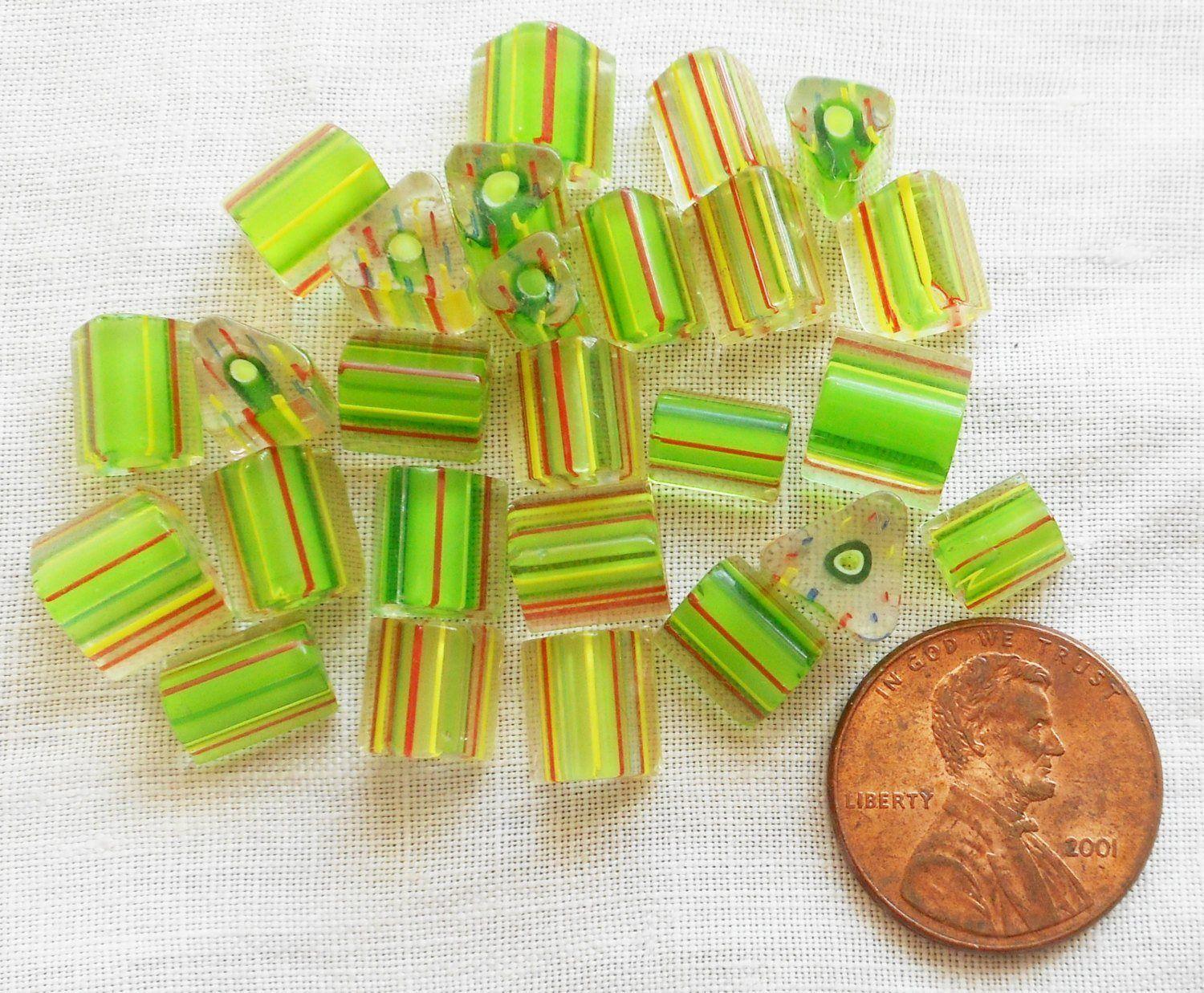 Striped Green Yellow Triangle Logo - Lot of 20 glass cane beads, striped triangle, triangular bead