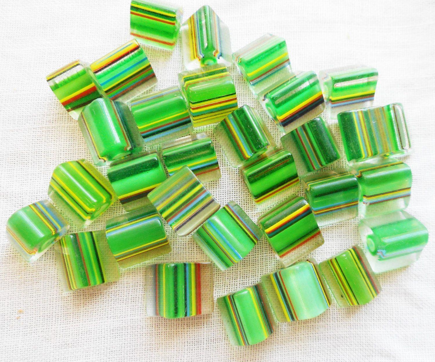 Striped Green Yellow Triangle Logo - Lot of 25 glass cane beads with green hearts, striped triangle bead