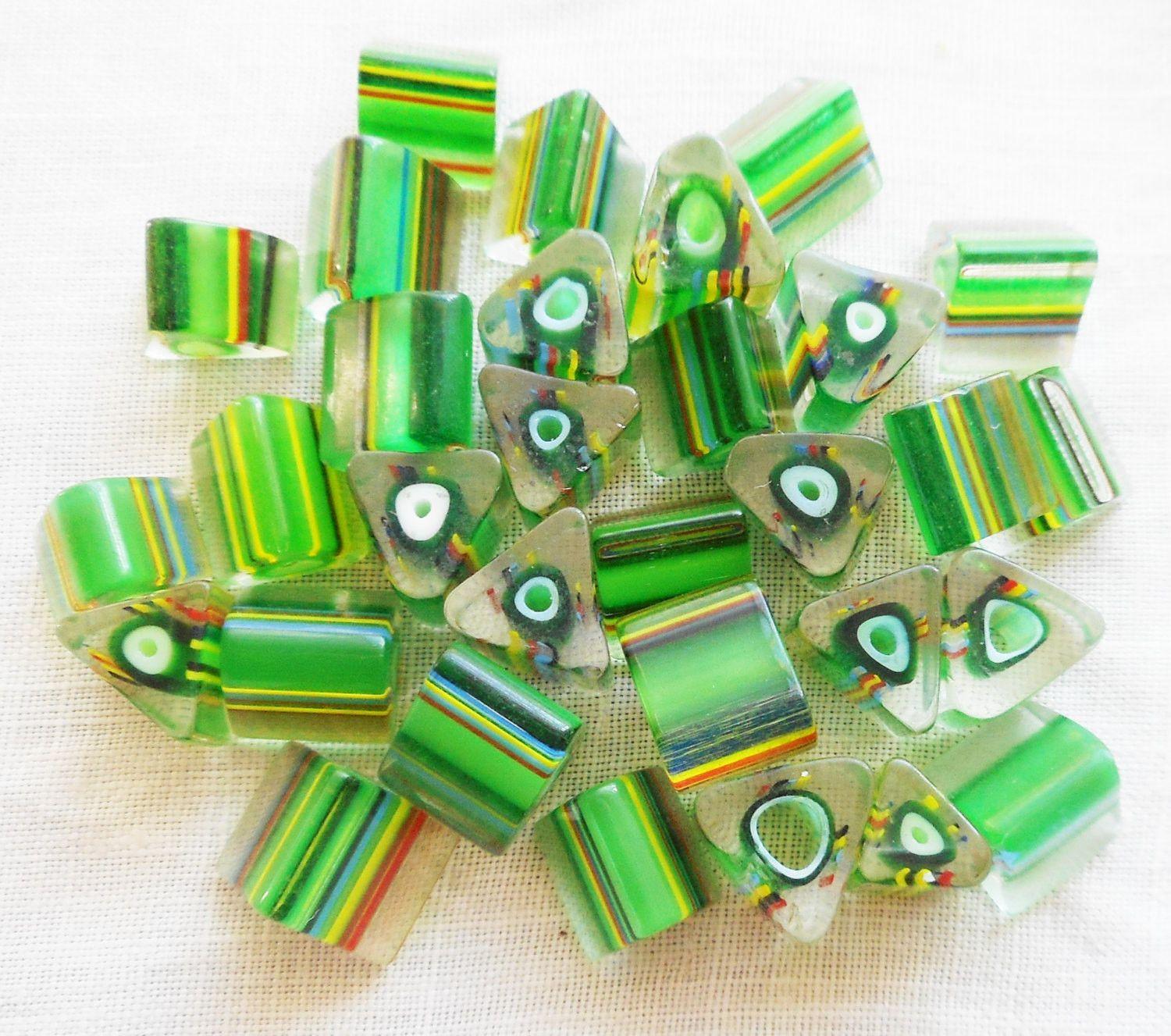 Striped Green Yellow Triangle Logo - Lot of 25 glass cane beads with green hearts, striped triangle bead ...