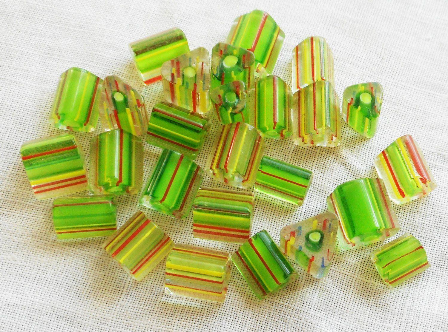 Striped Green Yellow Triangle Logo - Lot of 20 glass cane beads, striped triangle, triangular bead