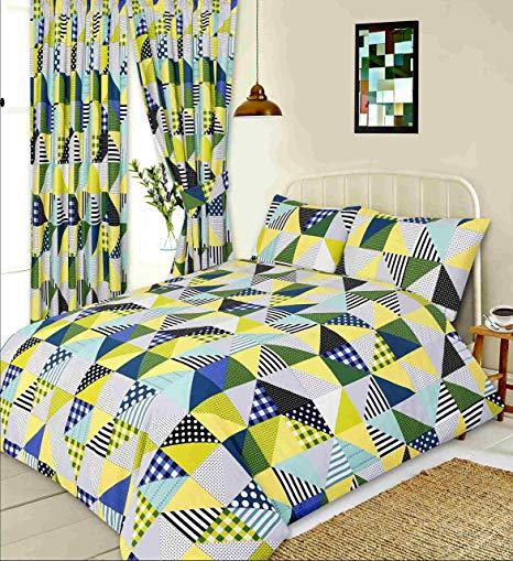 Striped Green Yellow Triangle Logo - Single Bed Geo Patchwork Lime, Duvet / Quilt Cover Set, Geometric ...