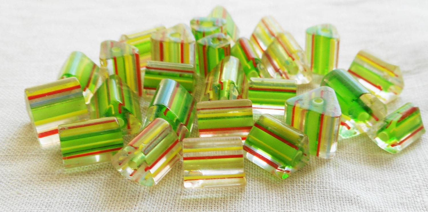 Striped Green Yellow Triangle Logo - Lot of 20 glass cane beads, striped triangle, triangular bead in ...