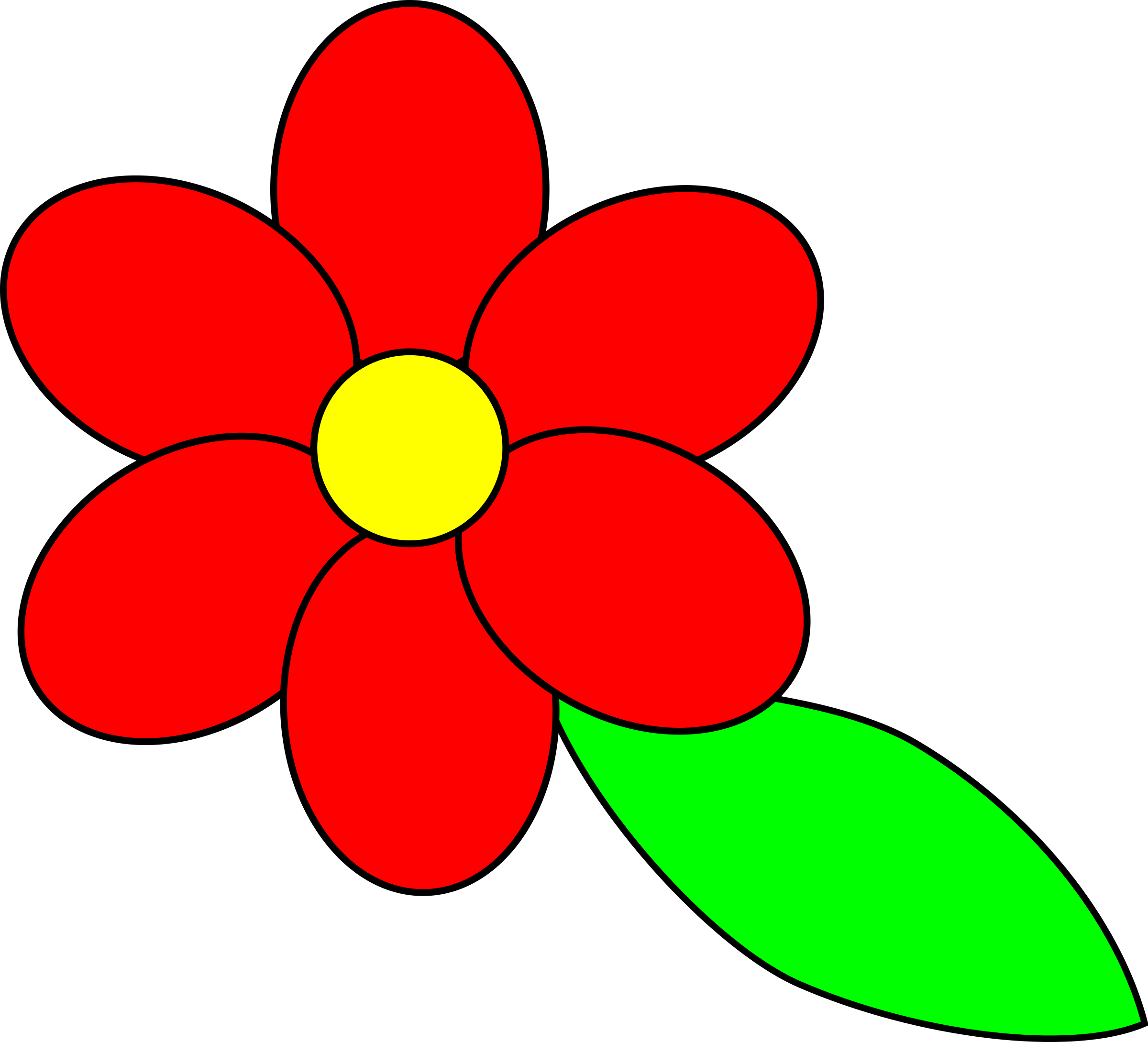 Green Flower with Red Petal Logo - Clipart - Flower six red petals black outline green leaf