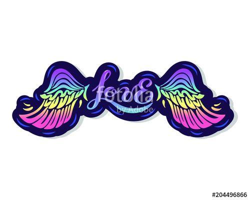Hippie Love Logo - Love text with rainbow wings on background. Hand drawn lettering