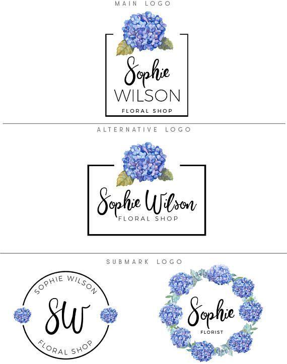 Blue Floral Logo - Hydrangea logo set, Florist logo design, Blue hydrangea flower logo ...