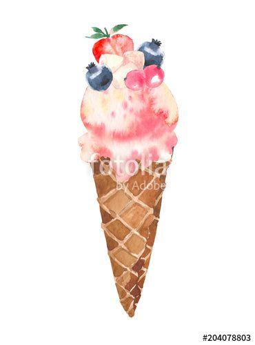 Waffle Cone Logo - Ice cream in the waffle cone with berry. Watercolor illustration for ...