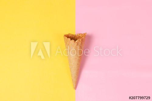 Waffle Cone Logo - Ice cream waffle cone over bright yellow and sweet pink background ...