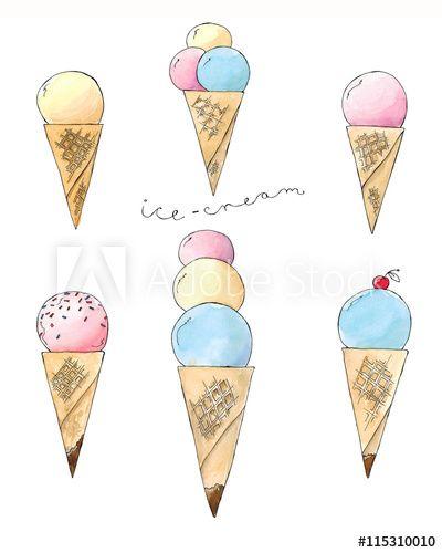 Waffle Cone Logo - Watercolor hand drawn sketch illustration set of ice-cream in a ...