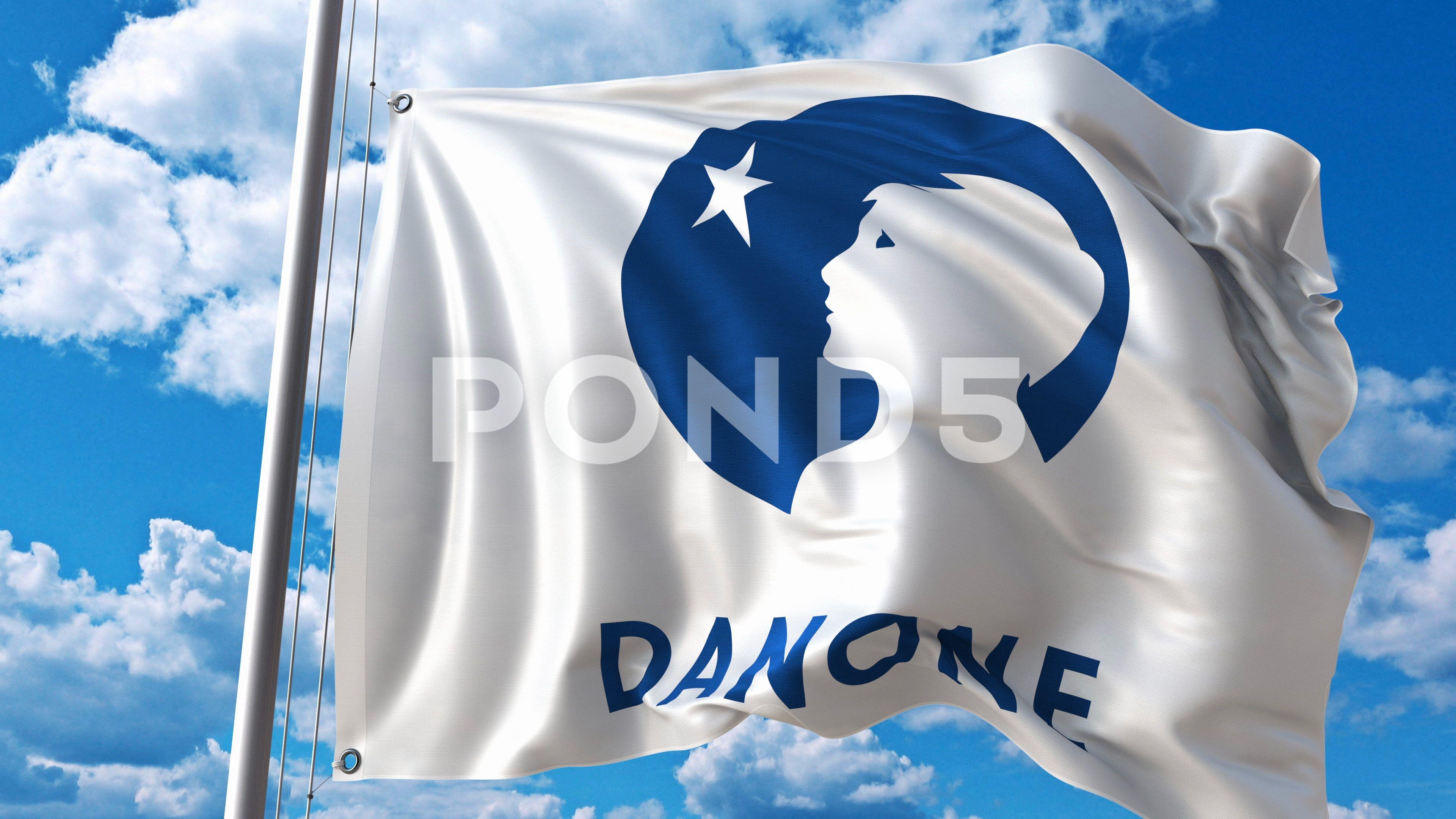 Danone Logo - Waving flag with Danone logo against moving clouds. 4K editorial