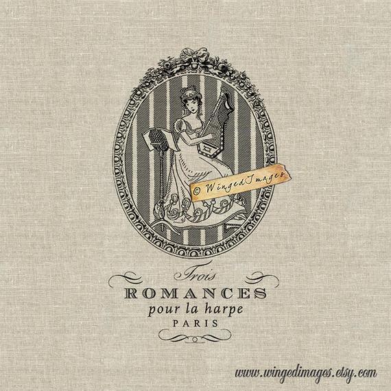 Lady as Harp Logo - Vintage Lady Playing Harp. Instant Download Digital Image