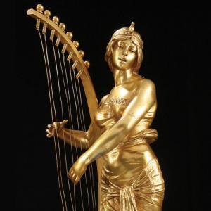 Lady as Harp Logo - Antique Music Art Sculpture Life Size Gilded Bronze Lady Playing