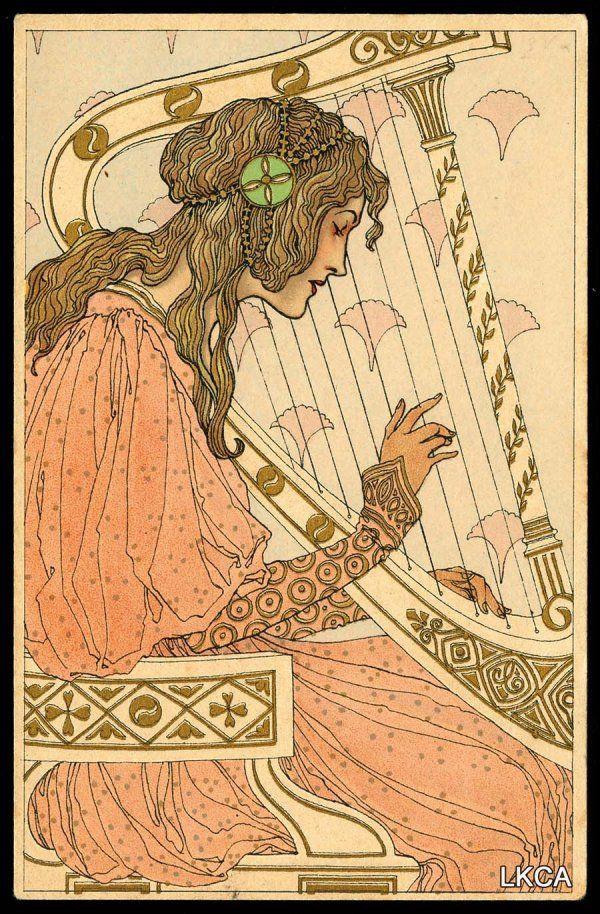 Lady as Harp Logo - Lady and Harp, a Mucha-style illustration published by M. Munk ...