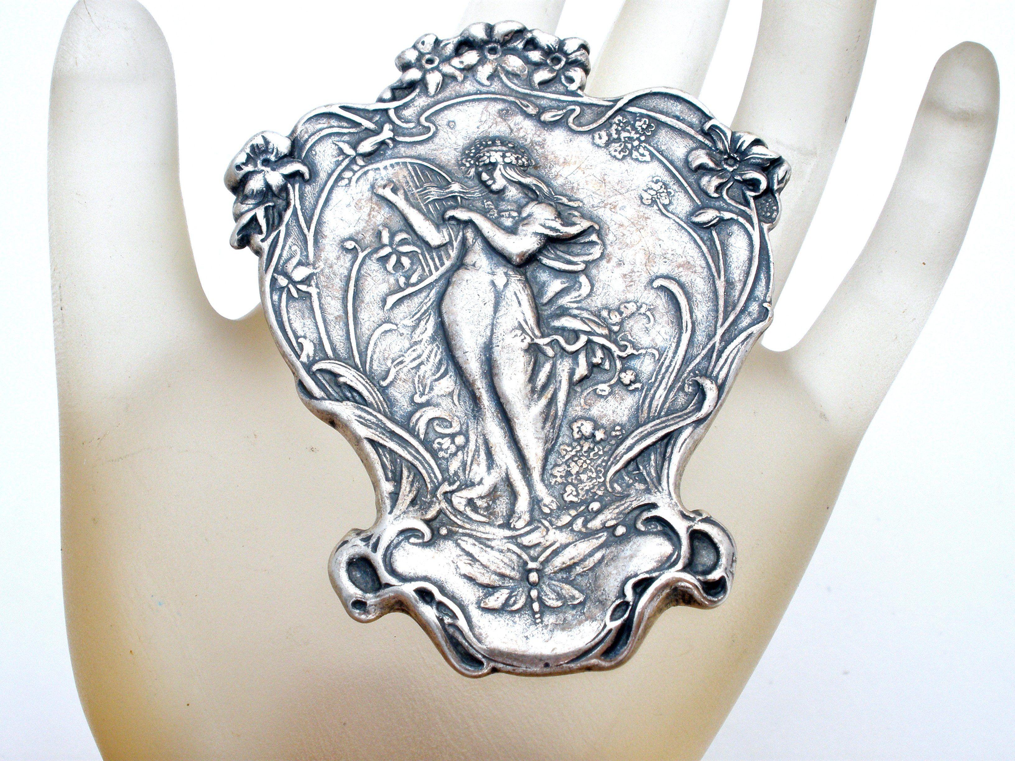 Lady as Harp Logo - Art Nouveau Style Lady with Harp Brooch Pin