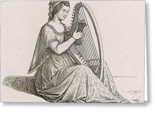 Lady as Harp Logo - A Medieval Lady Plays A Small Harp Drawing by Mary Evans Picture Library