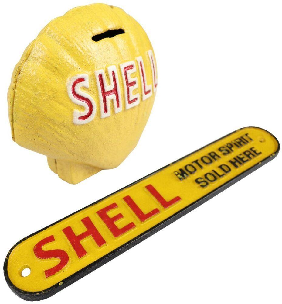 Shell Oil Logo - Shell Oil Logo Set - 1x Small Sign 1x Clamshell Money Box Coin Bank ...